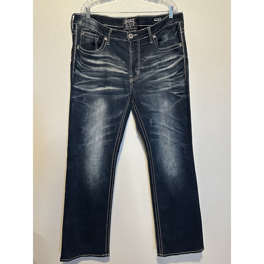 SALVAGE‎ Jeans Mens 36L Blue MAYHEM Reg Boot Cut Denim Flap Pocket Cowboy Buckle